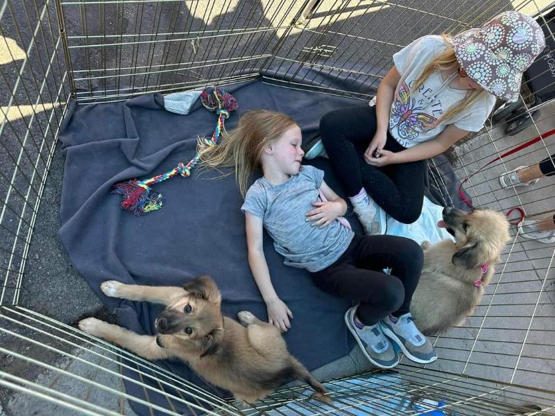 girls laying in puppy play pen